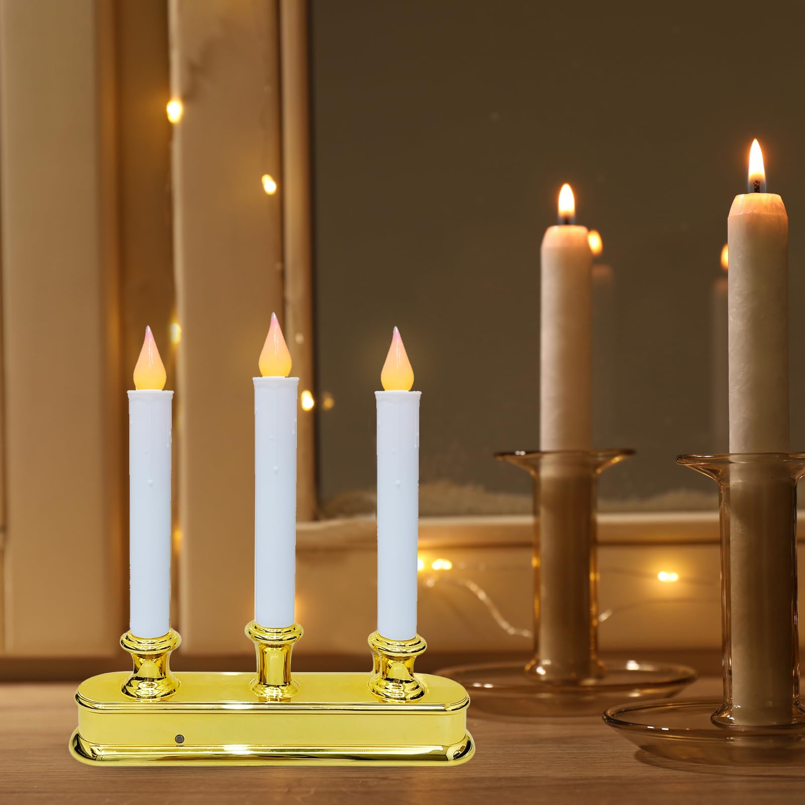 3 Light Battery Operated Christmas Window Candles With Sensor Dusk To Dawn, Cordless Flameless Flicker Taper Lights