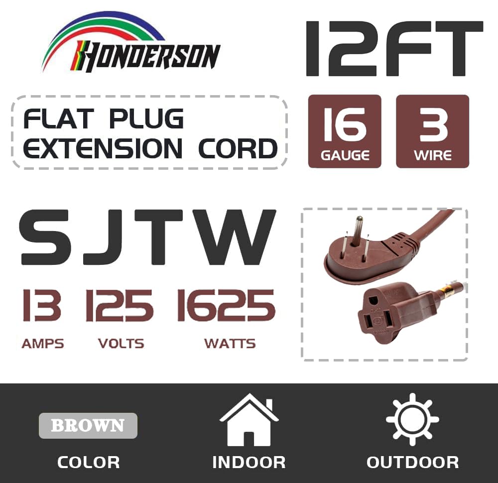 Honderson Flat Plug Indoor Extension Cord, Ul Listed, 16 Gauge 12Ft Brown 3 Prong Heavy Duty Extension Cord, 16/3 Sjtw 13A Power