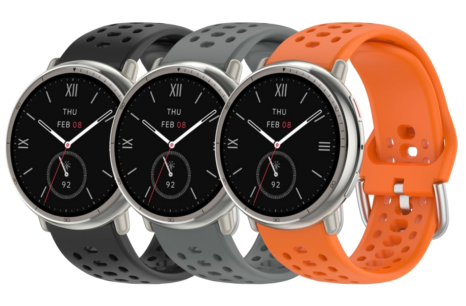 UPZOBU 20mm Watch Band for Amazfit Active 2 Band, Quick Release Silicone Sport Watch Strap (3 Pack, Black/Space Gray/Orange)