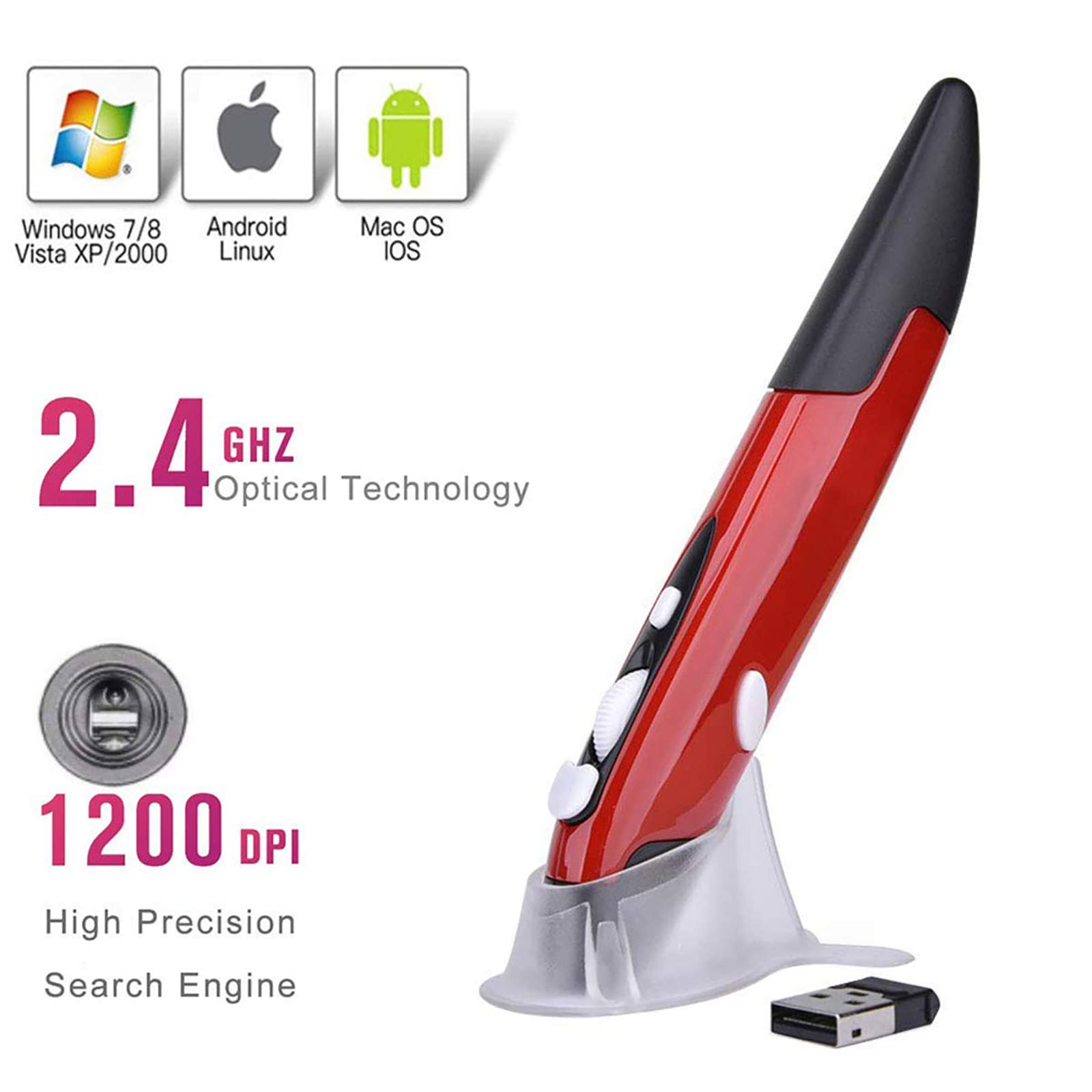 Lychee Wireless Optical Pocket Pen Mouse, 2.4Ghz Usb Wireless Optical Pen Mouse 800/1200/1600 Dpi Adjustable Handwriting Mini Ai