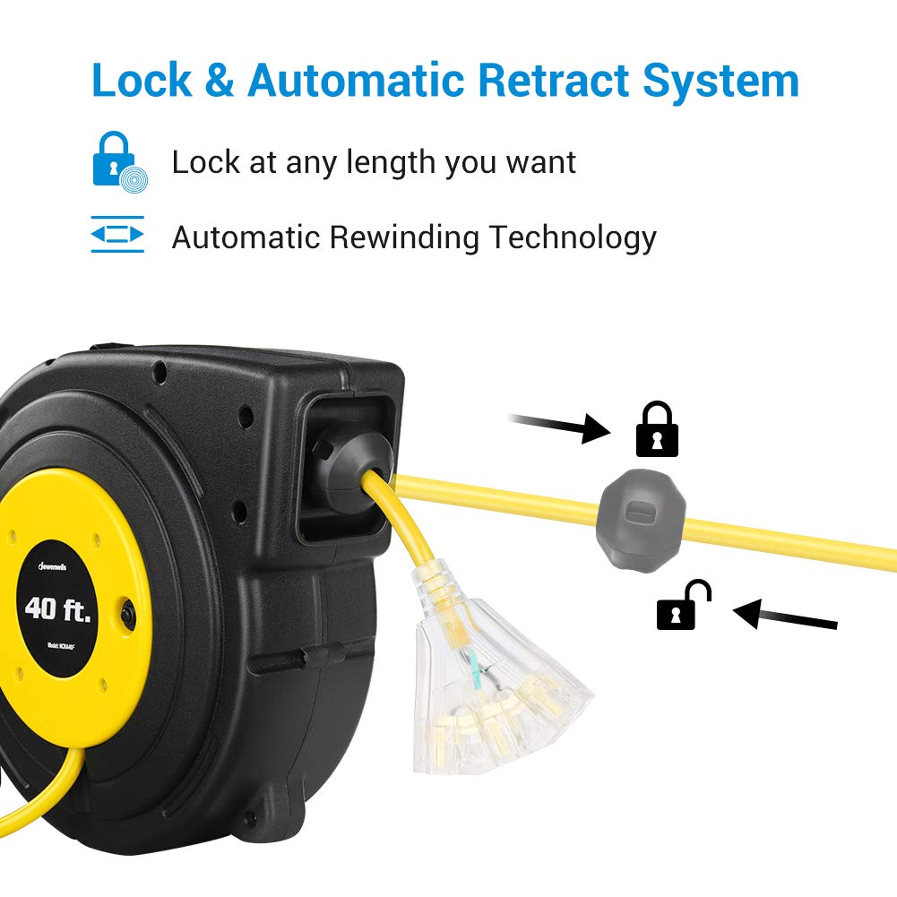 Dewenwils 40Ft Retractable Extension Cord Reel, Heavy Duty Power Cord Reel With 3 Lighted Triple Outlets, 12Awg/3C Sjtow Cord, 1