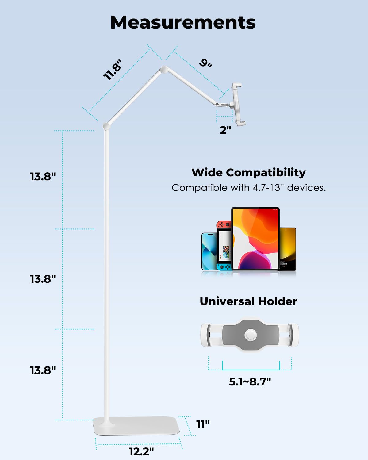 Viozon Tablet Floor Stand Holder, Compatible with 4.7' 13' Phone/Tablet, iPhone 15 Plus/Pro Max iPad,Kindle, 68' Phone Stand, Aluminum Alloy, Universal 360� Rotatable,for Bed,Sofa,Desk,White