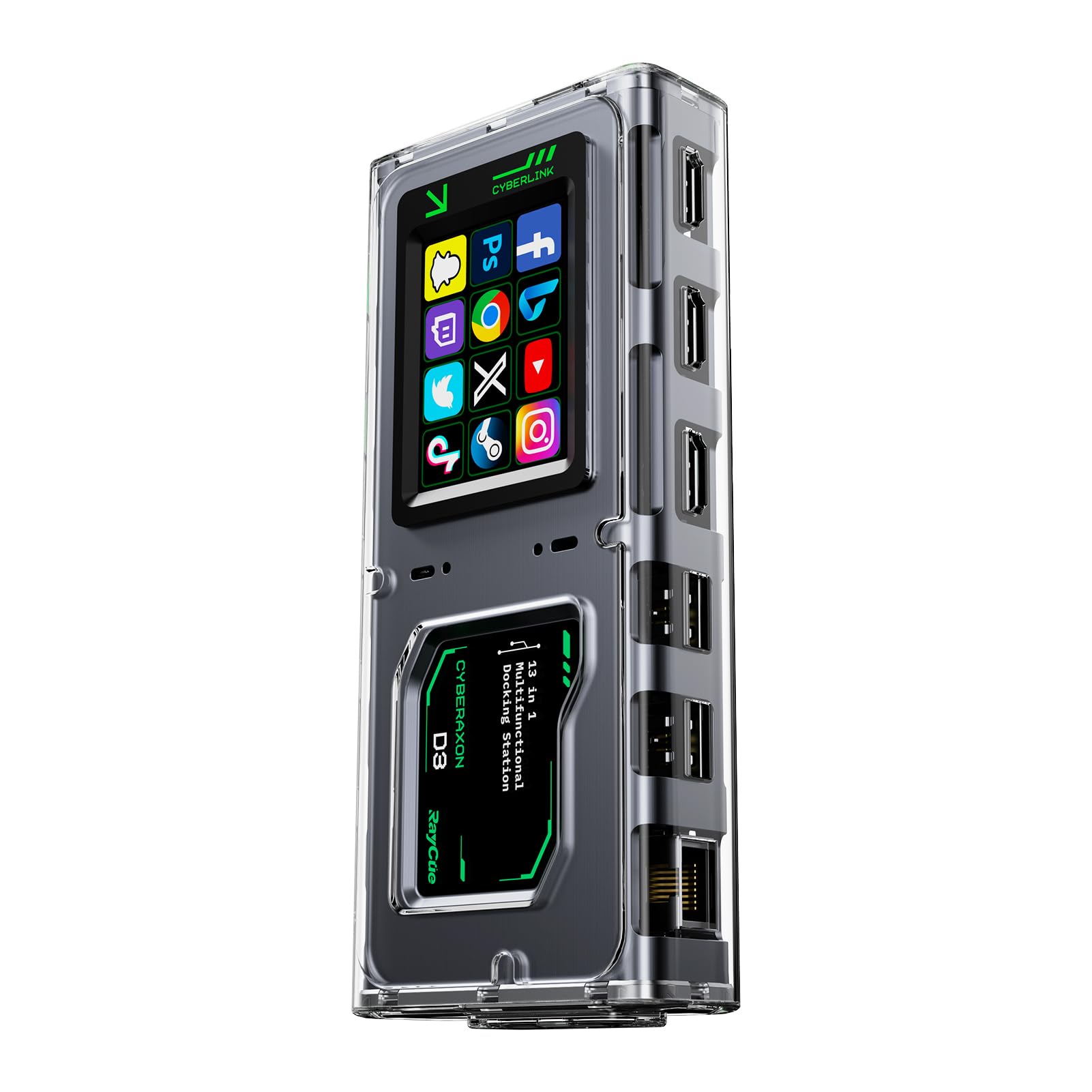 CyberAxon D3 13-in-1 Multifunctional Stream Control Dock - USB C Docking Station with 2.4 Touchscreen(12 Macro Keys), 3X HDMI (4