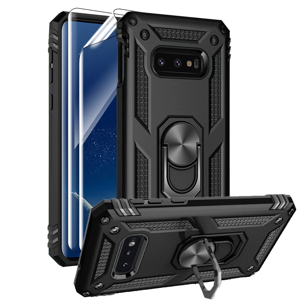 For Samsung Galaxy S10E Case With Hd Screen Protectors, Military Grade Metal Ring Holder Kickstand 15Ft Drop Tested Shockproof C