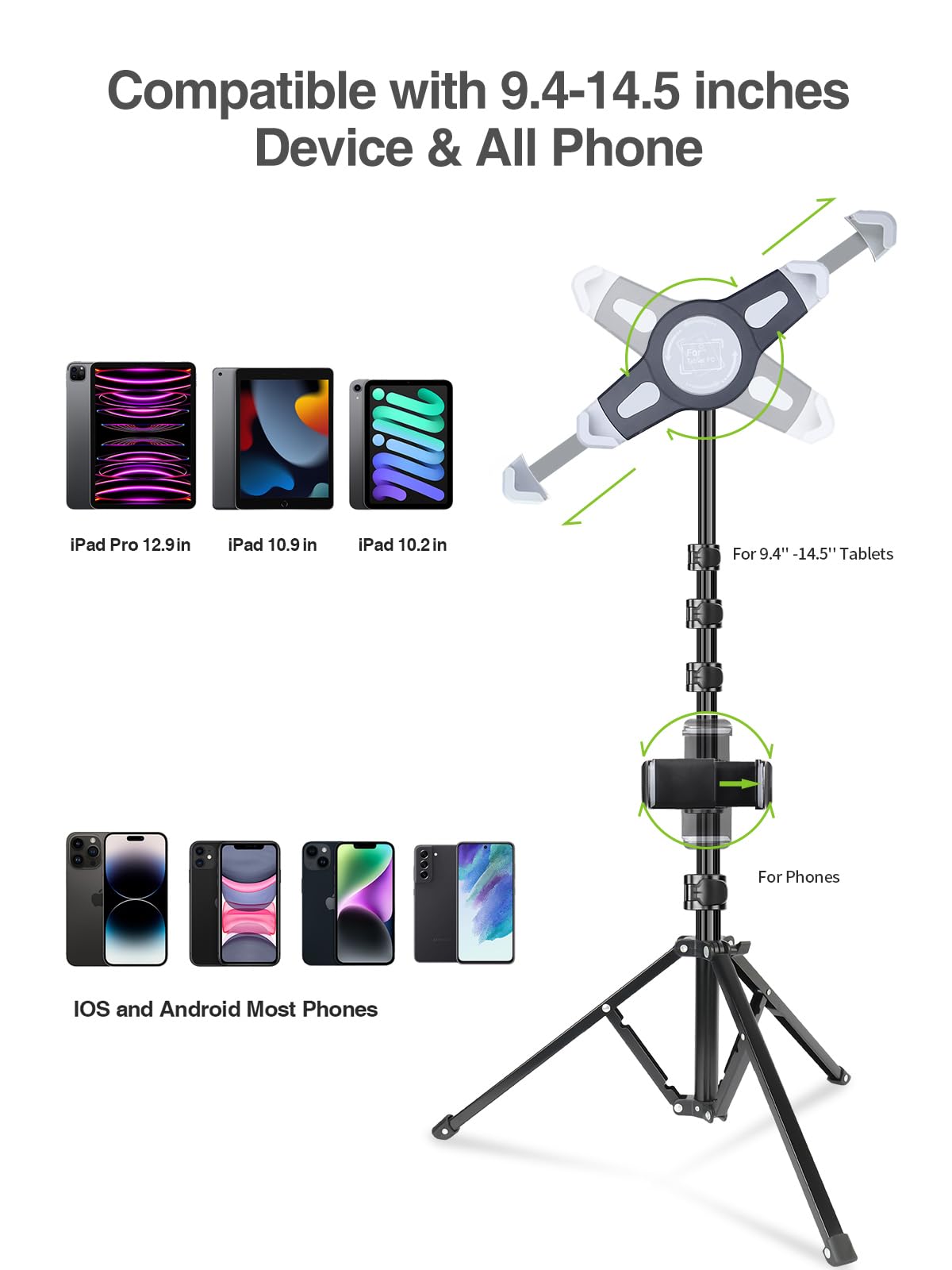 Elitehood Ipad Tripod Stand, 65 Inch Height Adjustable Stand Holder With 360 Rotating Floor Tripod For 9.5 14.5 Inch Tablets