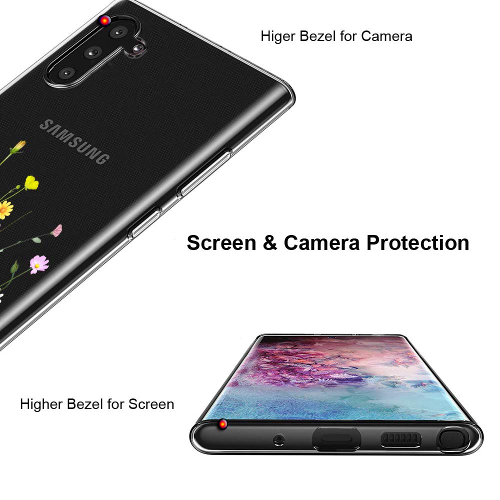 Unov Case For Galaxy Note 10 Case Clear With Design Soft Tpu Shock Absorption Slim Embossed Pattern Protective 6.3 Inch (Flower