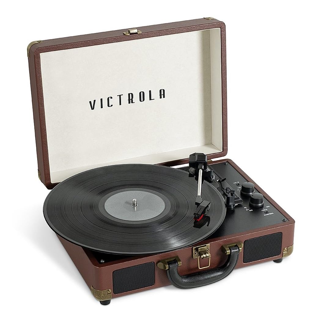 Victrola Vintage 3 Speed Bluetooth Portable Suitcase Record Player With Built In Speakers | Upgraded Turntable Audio Sound|Dark