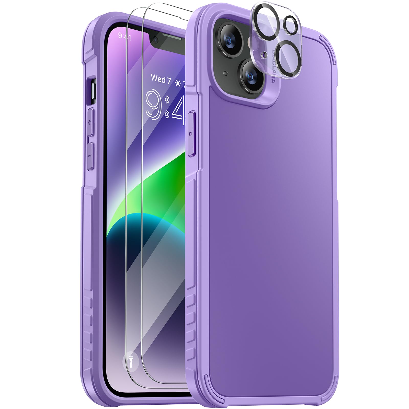 Diaclara [5 In 1 Shockproof Designed For Iphone 14 Case, With 2 Pack Tempered Glass Screen Protector + 2 Pack Camera Lens Protec