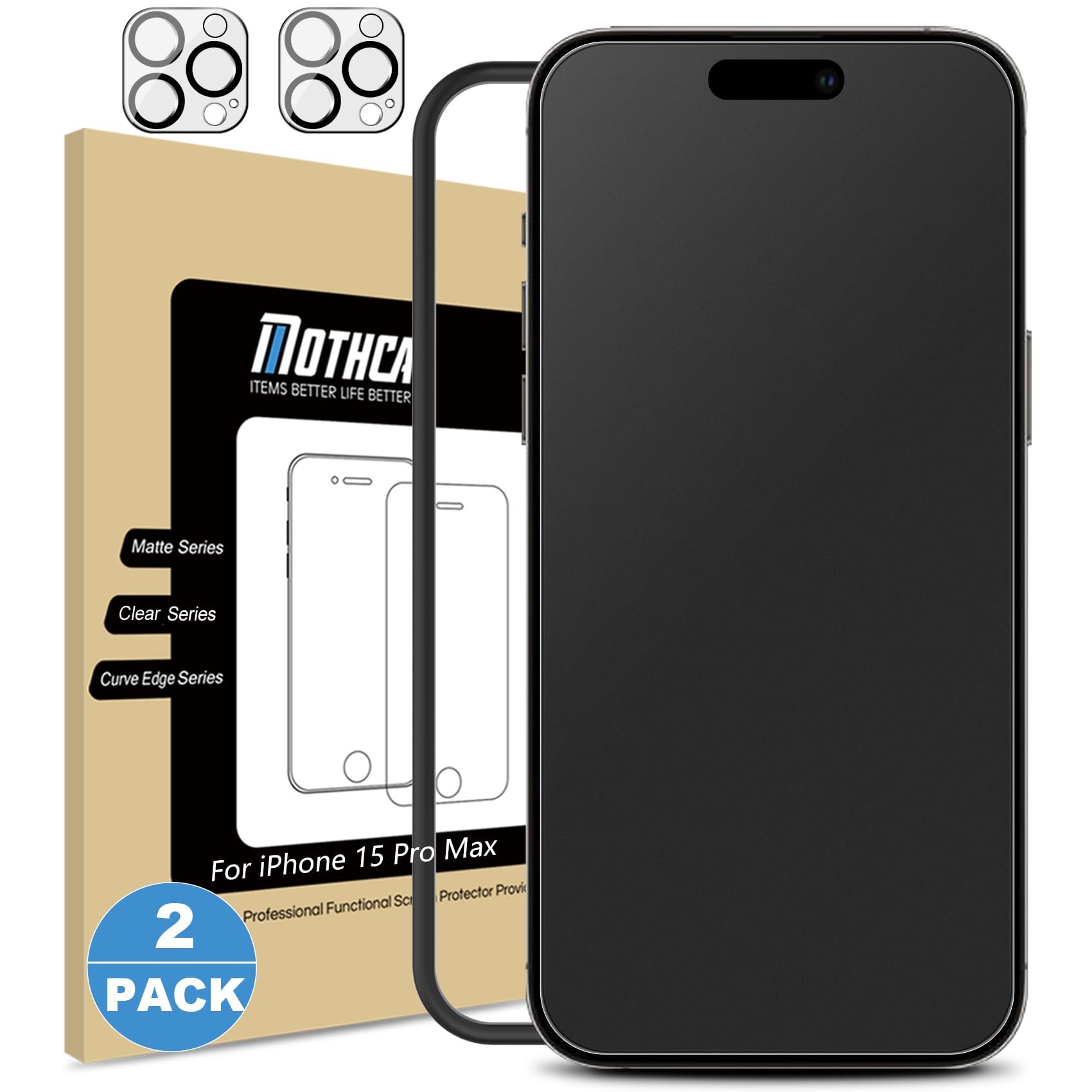 Mothca 2 Pack Matte Glass Screen Protector For Iphone 15 Pro Max[6.7 Inch] + 2 Pack Camera Lens Protector, Anti Glare & Anti Fin