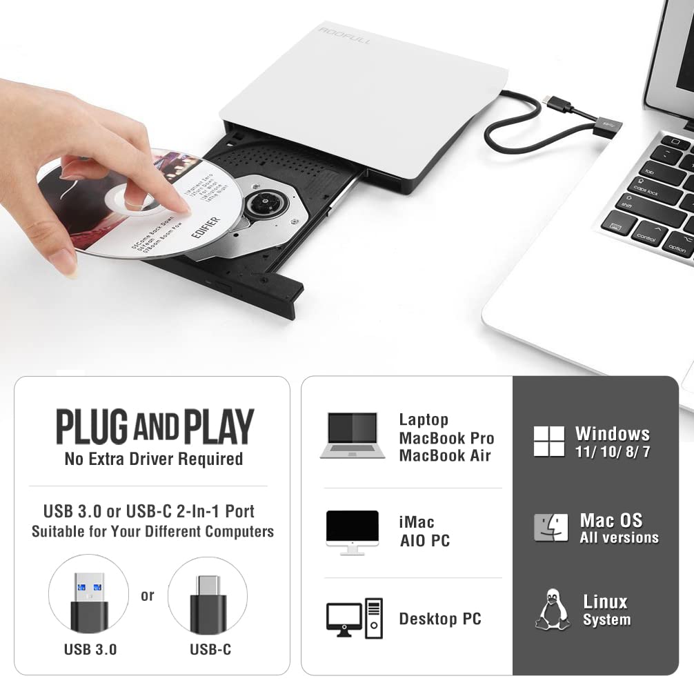 Roofull External Cd Dvd Drive Usb 3.0 & Usb C, Portable Cd Dvd Rom +/ Rw Optical Disc Drive Player Reader Writer Burner For Appl