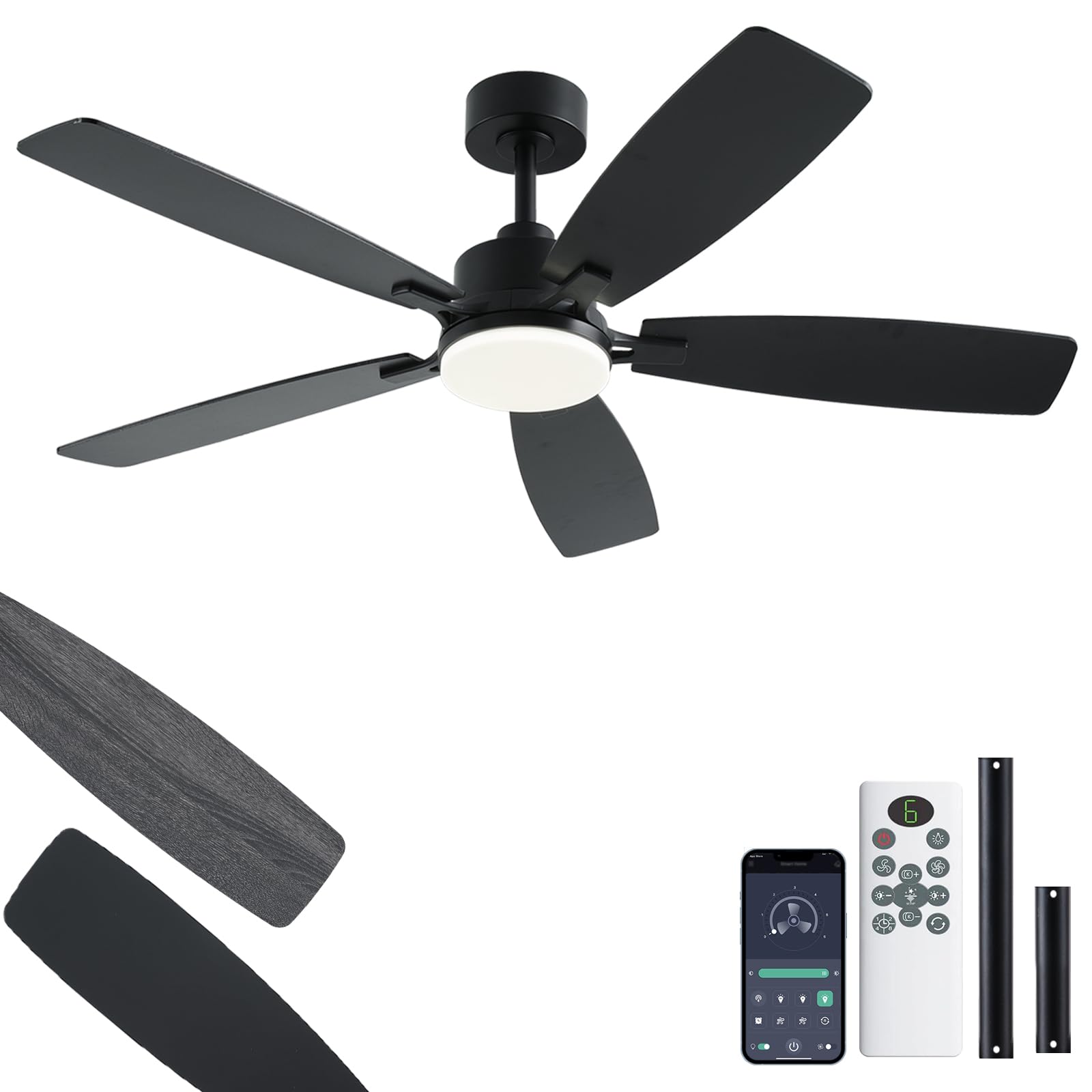 NKPU 52 Inch Ceiling Fans with Lights, Black Ceiling Fan and Remote/App Control, 2 Downrods, DC Reversible, Noiseless, Dimmable,
