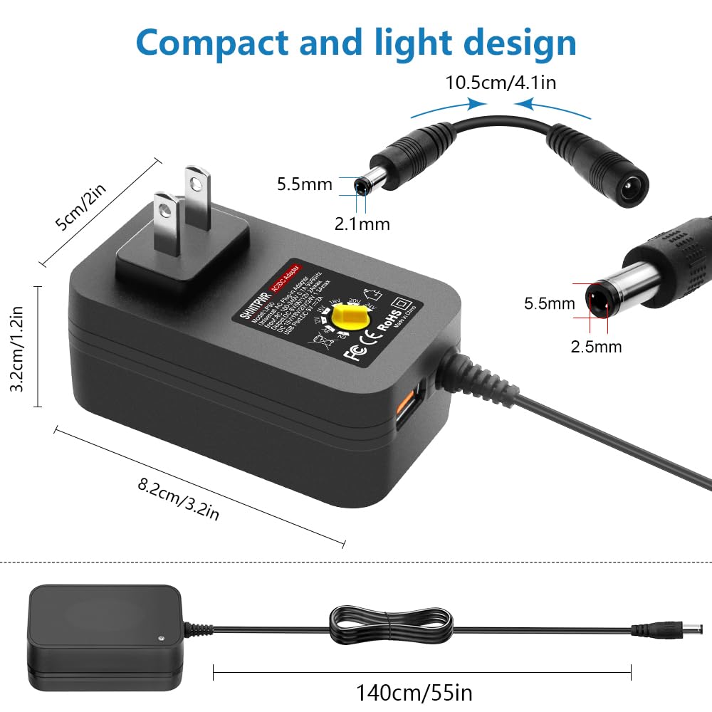 Shnitpwr 36W Adjustable Power Supply Dc 6V~24V Universal Power Adapter 6V 9V 12V 15V 18V 20V 24V Variable Power Supply With 5V 2A Usb Port Ac/Dc Adapter Multi Voltage 100~240V Ac To Dc Power Converter