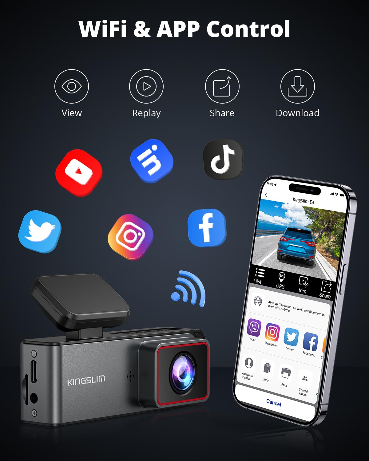 Kingslim E4 4K Dash Cam Front And Rear, Ultra Hd Front 4K Rear 1080P Dual Channel Real 4K Dash Camera For Cars, 1.5'' Mini Lipst