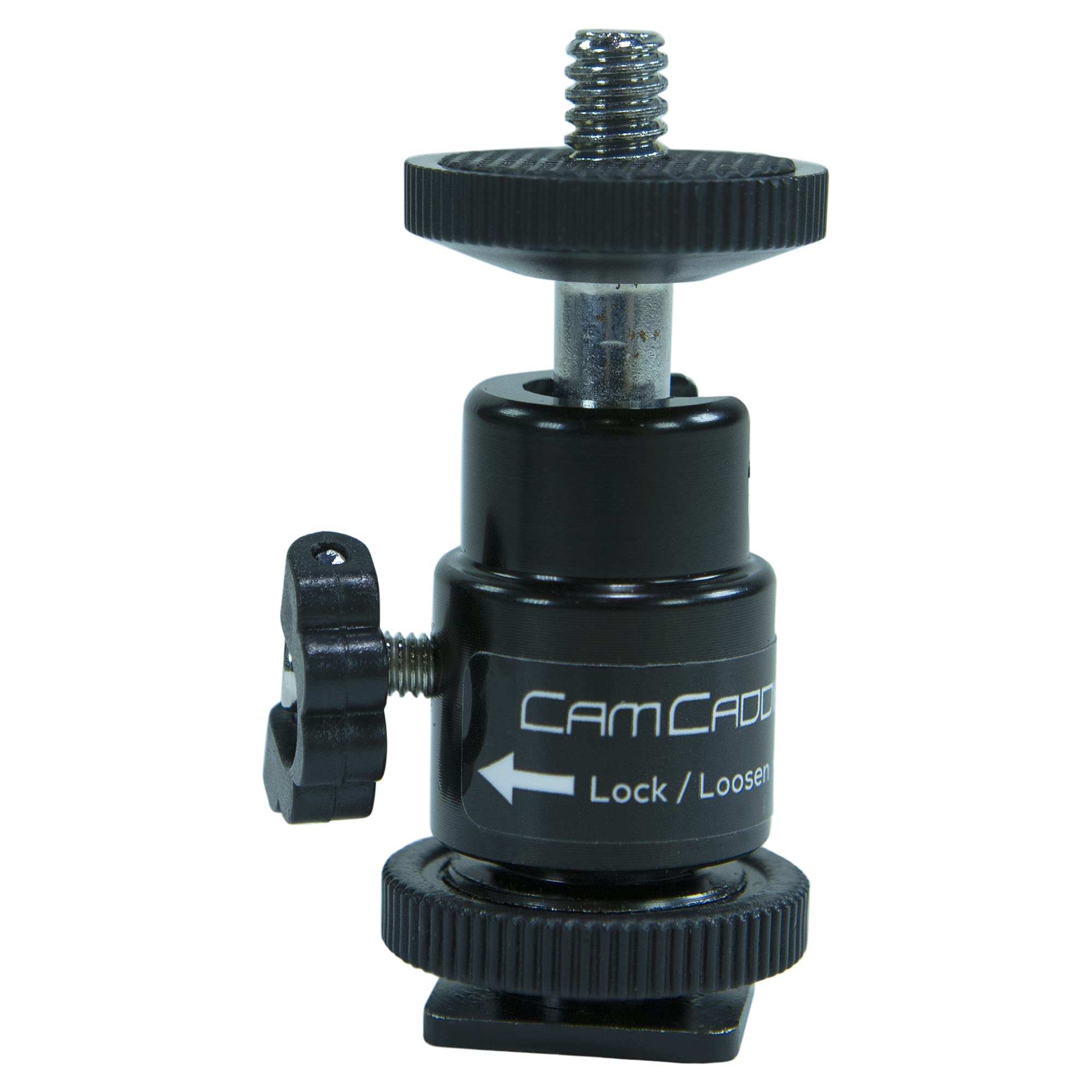 Cam Caddie� 360� Metal / Steel Mini Ball Head With Lock And Hot Shoe Adapter   Most Versatile Ball Head Available With All 3 Mounting Options: Flash Shoe, �� � 20 Threaded Post + ��  20 Socket