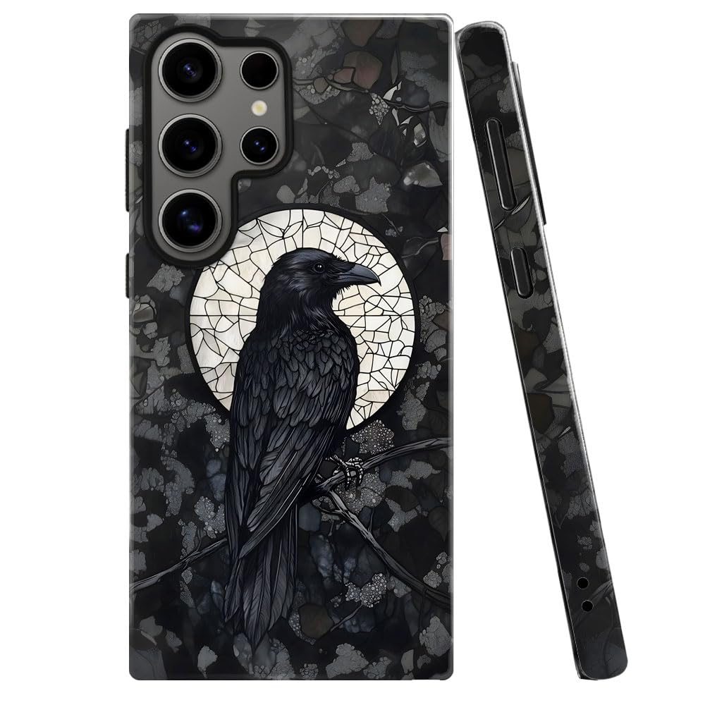 Case for Samsung Galaxy S25 Ultra,Black Crow Raven Moon Celestial Gothic Phone Case Military-Grade Drop Protection Cover for Wom