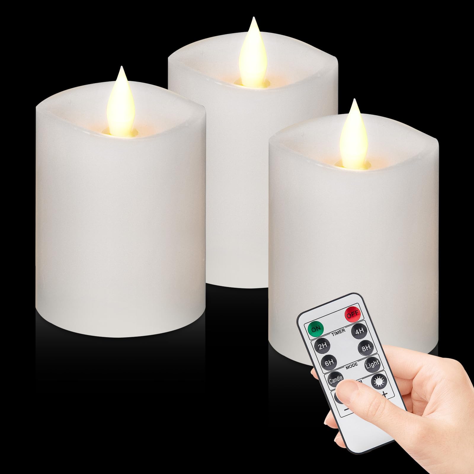3x4 Flickering Flameless Candles with Remote Timer- Set of 3 Real Wax White Pillar LED Candles for Indoor/Outdoor Fireplace & Ho