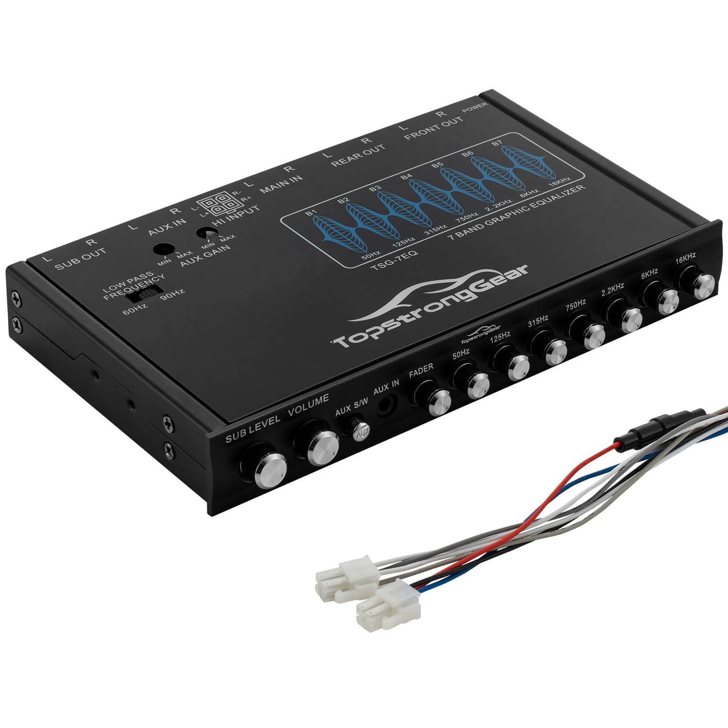 Topstronggear Tsg7Eq 7 Band Car Audio Graphic Equalizer With Front 3.5Mm Aux Input, High Voltage Rca Outputs And High Level Speaker Inputs