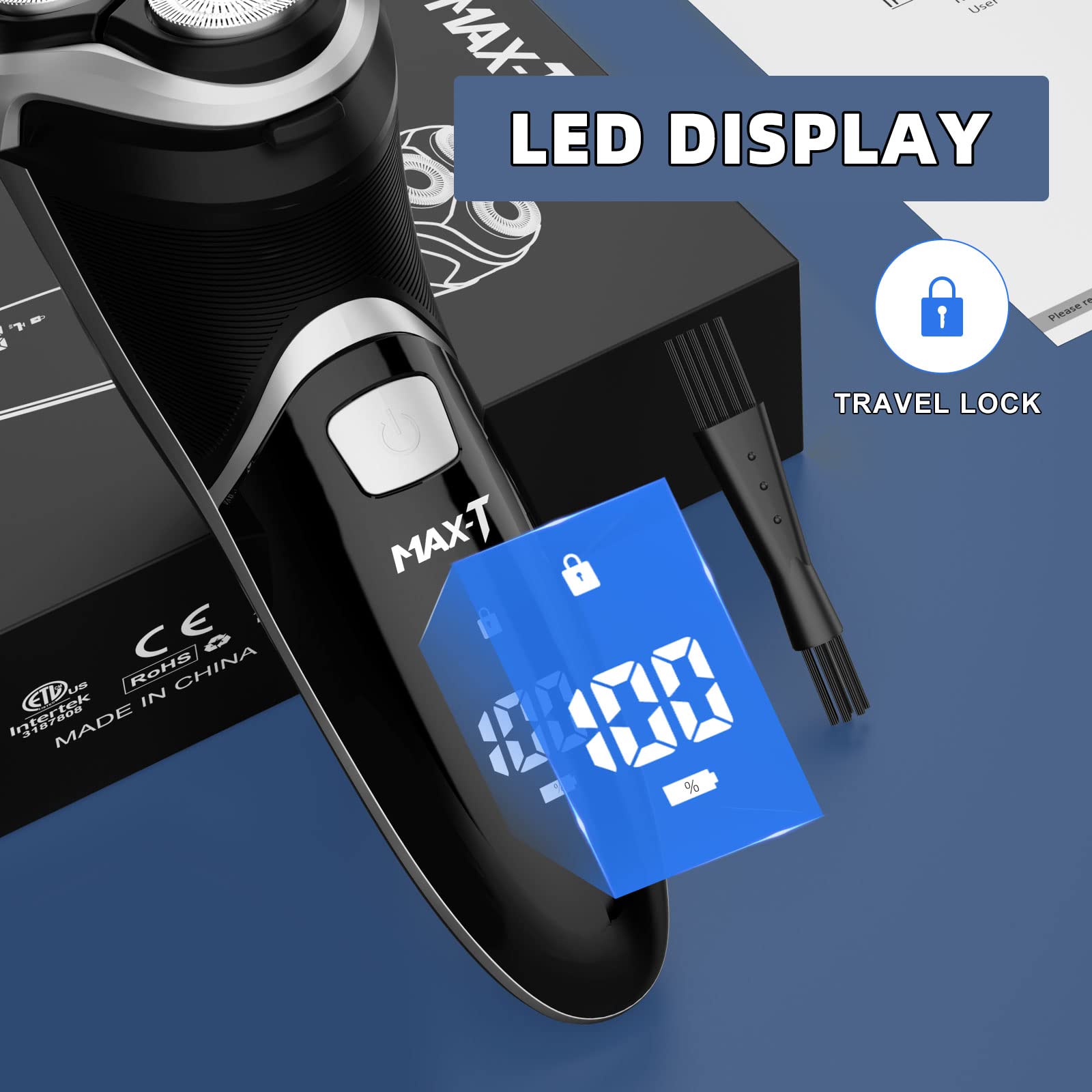 Electric Shaver Razor For Men, Max T Quick Rechargeable Wet Dry Rotary Shaver With Pop Up Trimmer And Led Display, Ipx7 100% Wat