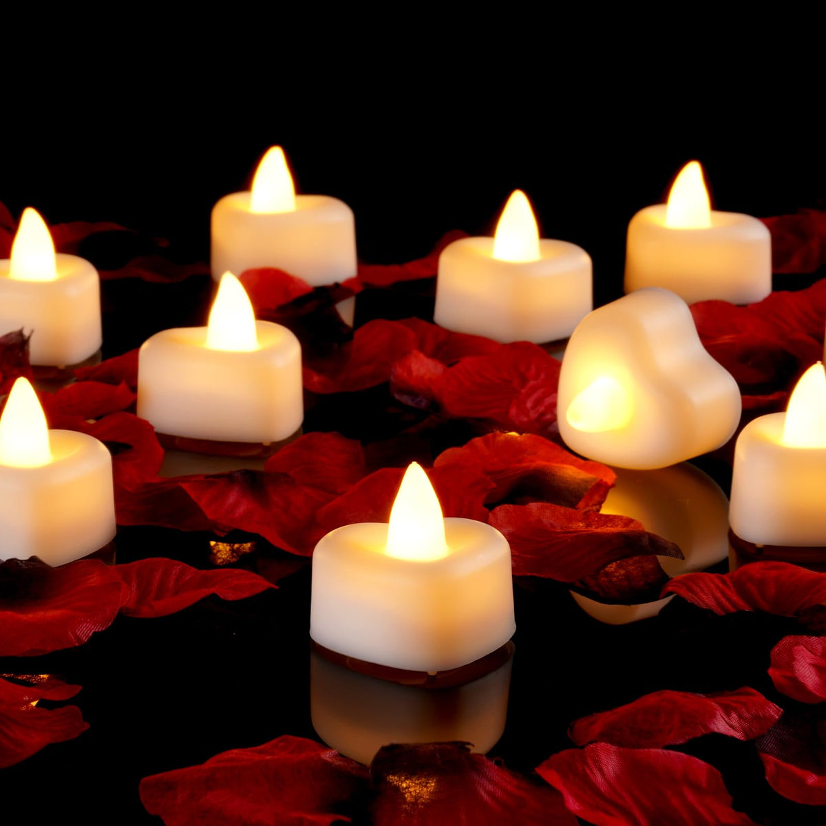Amagic 1000 Pieces Artificial Rose Petals With 12 Heart Led Tea Lights Candles Kit, Rose Petals And Candles Set For Proposal, An