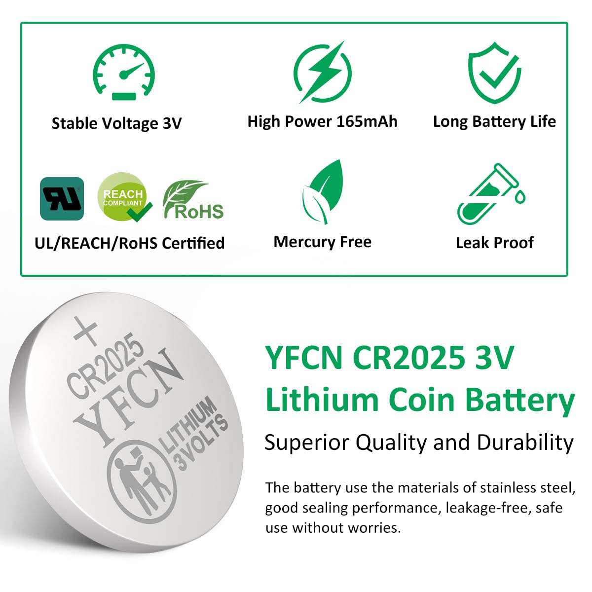 Yfcn Cr2025 Battery 3V Lithium Battery 10 Count Pack Cr2025 Batteries For Key Fobs, Remote Control, Led Candles, Thermometers -