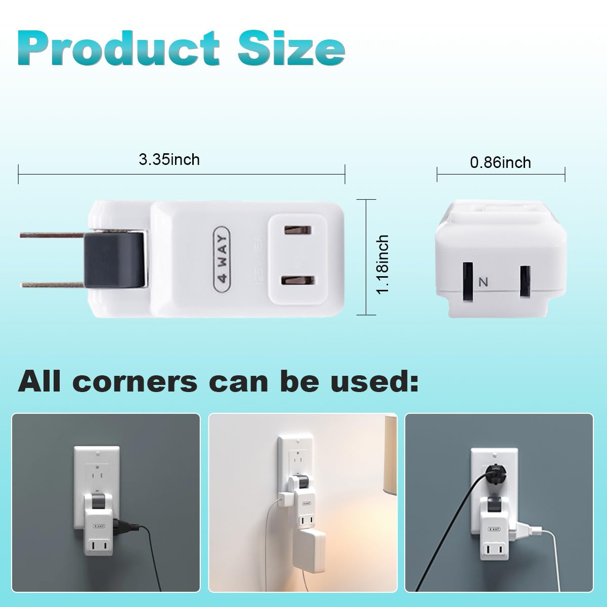 Sycon Outlet Wall Adapter, 2-Prong Swivel Ungrounded Indoor Ac Mini Plug Wall Tap-White (4 Way-2 Pack)
