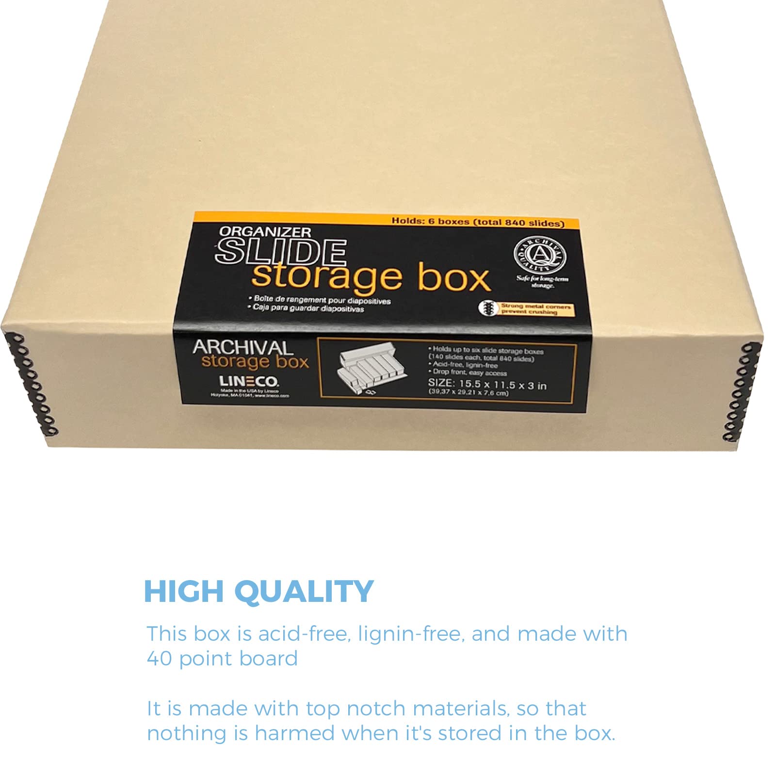 Lineco, Archival Slide Storage Box 15.5' X 11.5' X 3', Holds Up To 840 Films, With 6 Inner File Cases, Tan