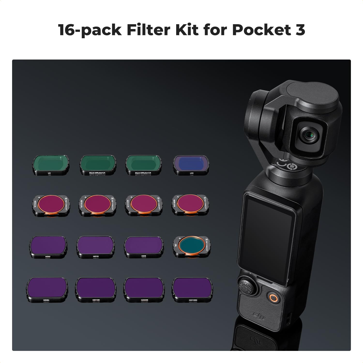 K&F Concept 16-Pack Filter Kit for DJI Osmo Pocket 3 ND ND/PL Diffusion UV CPL LPR Optical Glass