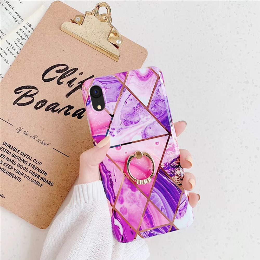 Qokey iPhone XR Case Marble Design 360 Ring Kickstand Soft TPU Shockproof Purple for iPhone XR 6.1"