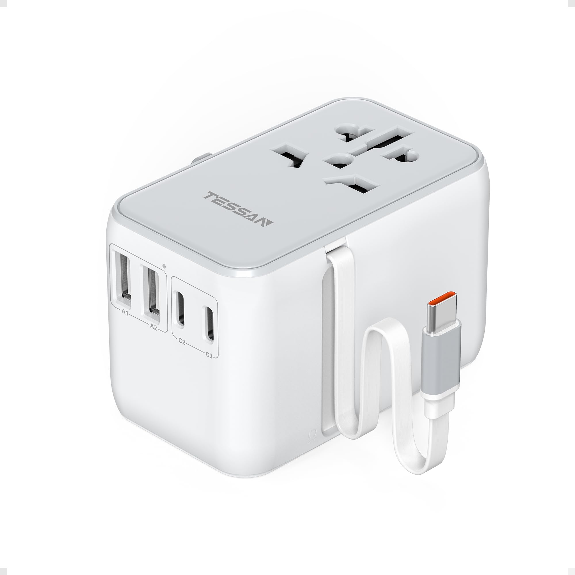 Universal Travel Adapter, Tessan 35W International Plug Adapter Built In 1 Usb C Cable, 4 Usb Ports Travel Adaptor Worldwide For