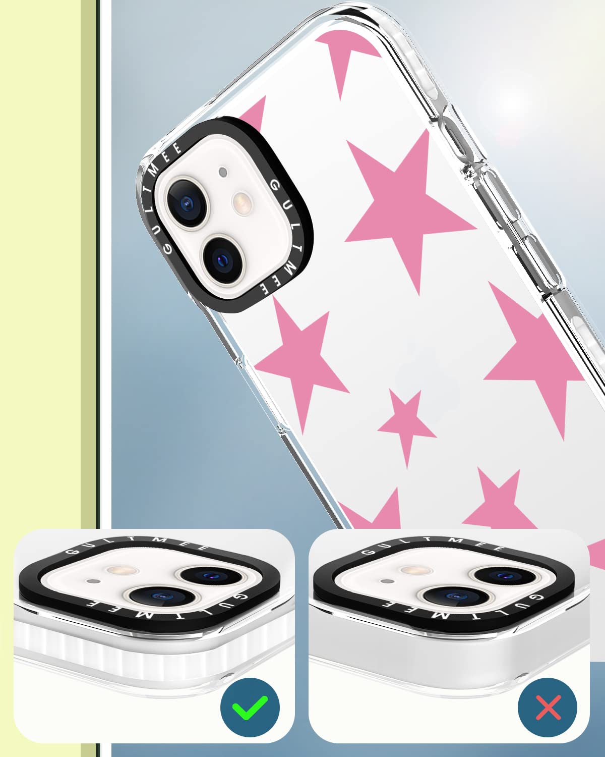 Gultmee For Iphone 12 Case & Iphone 12 Pro Case 6.1Inch With Tempered Glass Screen Protector,Cute Stars Pink Print Slim Design W