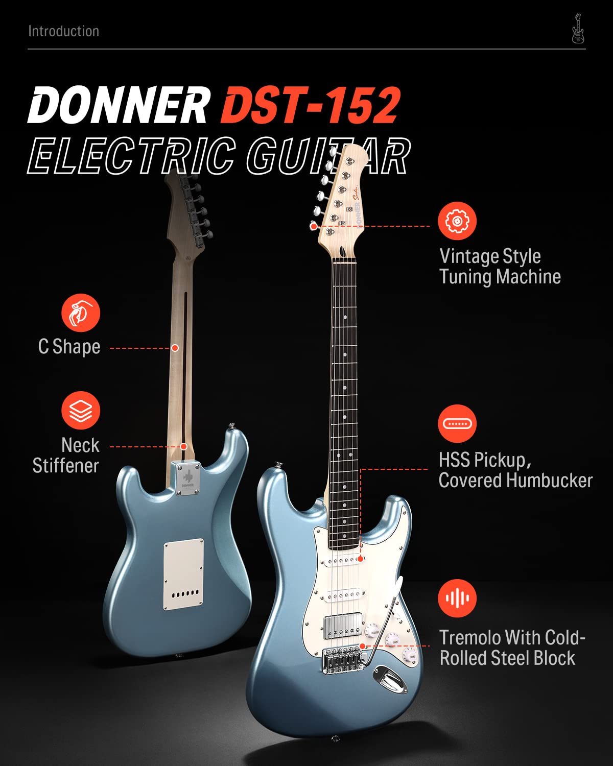 Donner Dst 152R Electric Guitar, 39'' Beginner Electric Guitar Kit, Hss Pickup With Coil Split, Guitar Starter Set With Amp, Bag