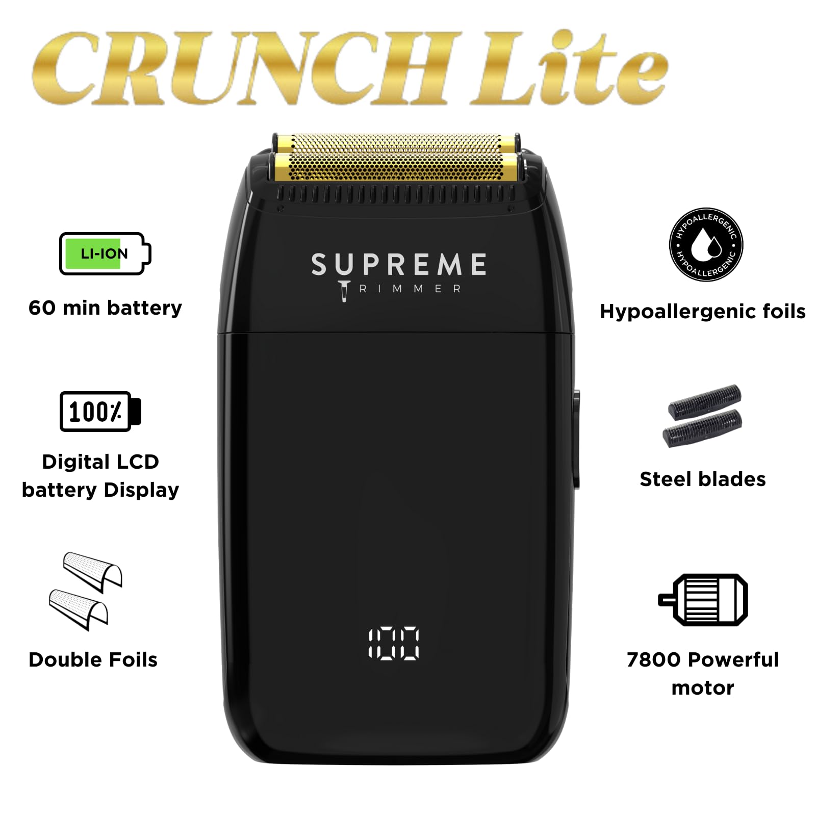 Supreme Trimmer Crunch Lite Foil Shaver For Men (60 Minute Runtime) Men'S Electric Razor For Bald Head, Stubble |Stf600 Black