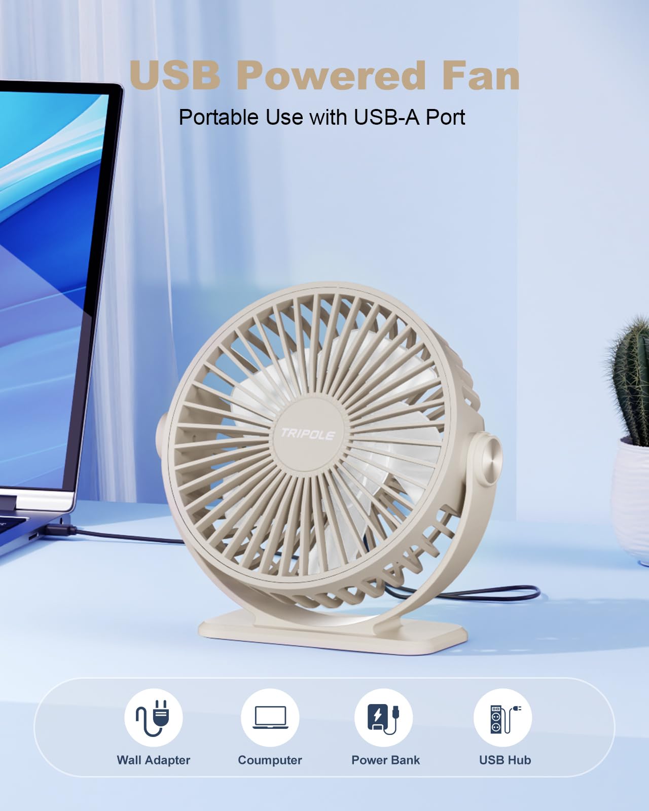 Tripole Usb Desk Fan Small Portable Personal Fan, 3 Speeds Adjustable Strong Breeze Mini Electric Fan, 360 Rotation Quiet Plug I