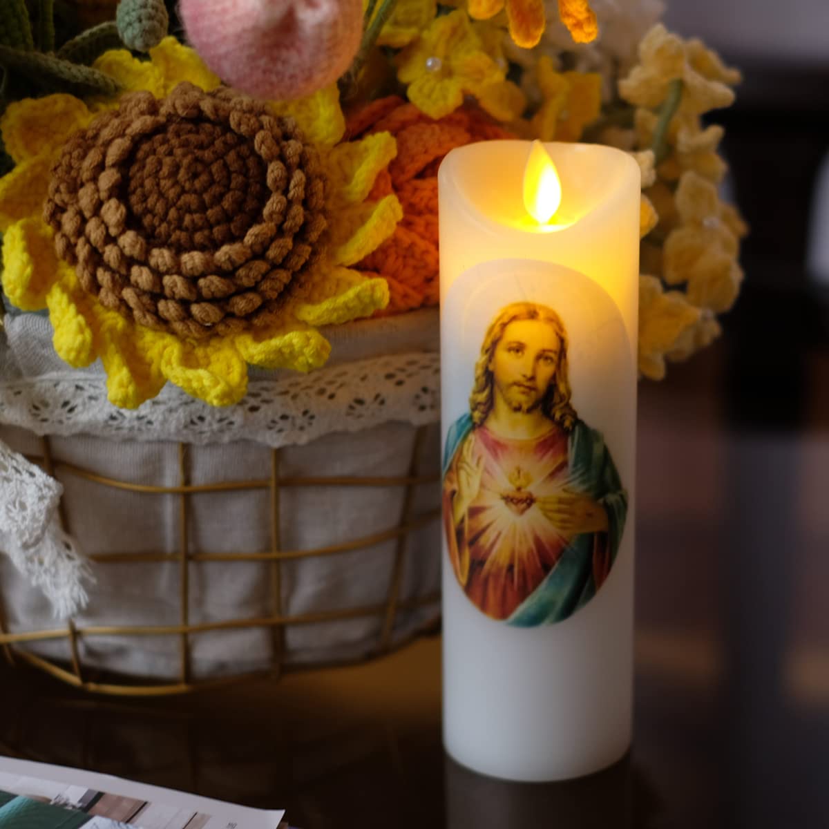 Sacred Heart Of Jesus Flameless Prayer Candle, Real Wax, Moving Wick, Jesus Devotion Flicker Bright Candles, Battery Operated Wi