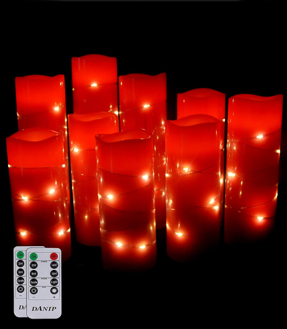 Danip Red Flameless Candle, Built-In Star Cluster, 9 Led Candles, 11 Button Remote Control, 24-Hour Cycle Timer, Flashing Flame,