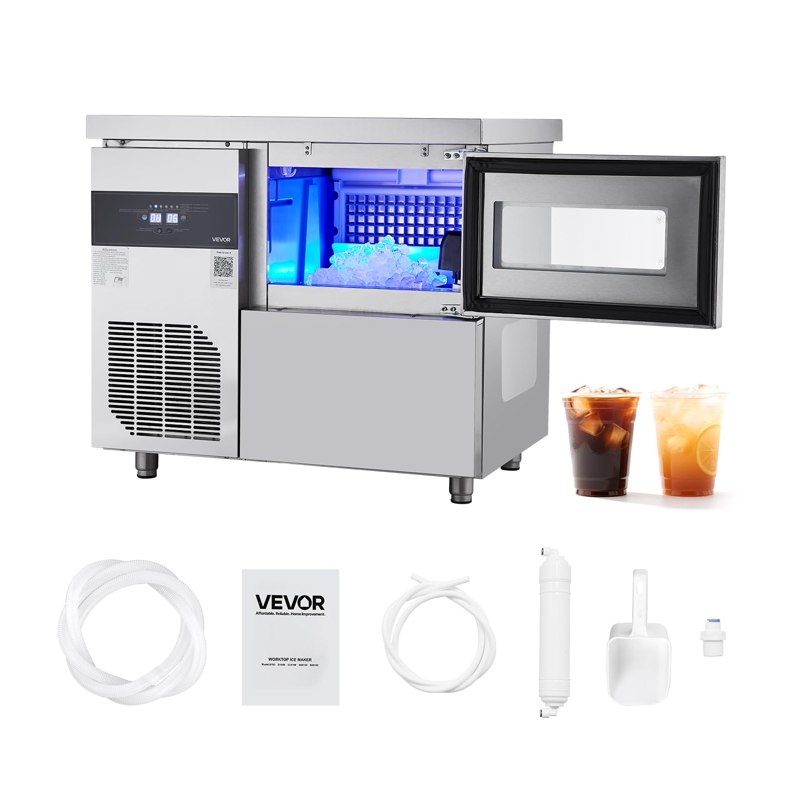 VEVOR Commercial Ice Maker Machine, 132 lbs/24H Stainless Steel Ice Machine with Worktop, 30 lbs Storage & 70 Cubes/Cycle, Self-