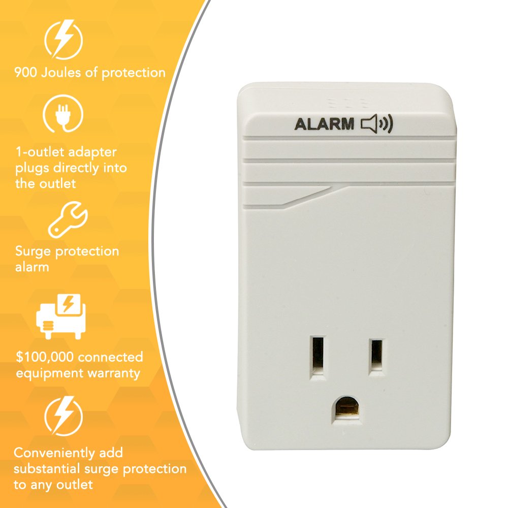 Woods Surge Protector Adapter For 900 Joules Of Protection With One 3 Prong Outlet And Surge Protection Alarm (Wall Mounted, Light Grey)