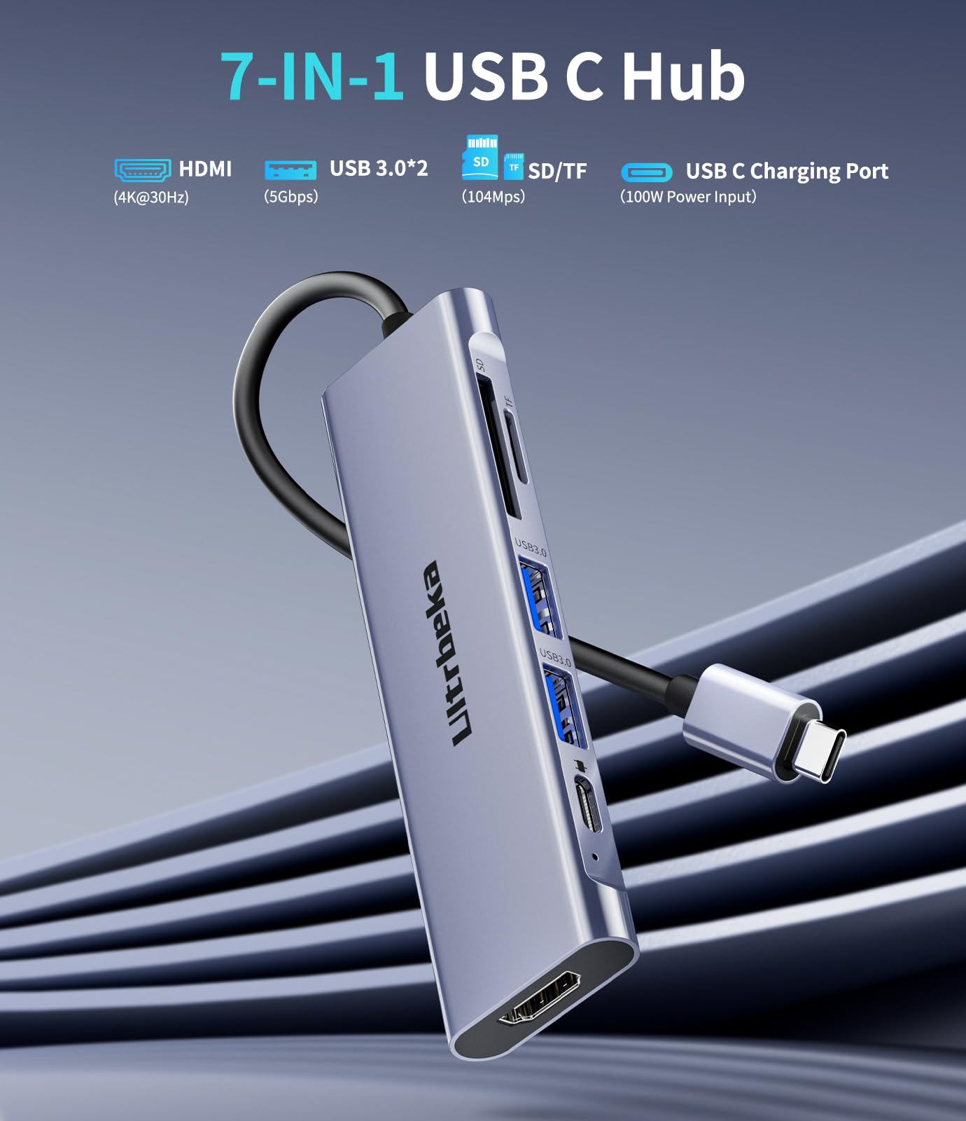 Usb C Hub, 7In1 Usbc Hub, 4K Hdmi Multiport Adapter, Tf/Sd Card Reader, 2  Powered Usb A 3.0 5Gbps, 100W Pd, Dongle Adapter, Usb
