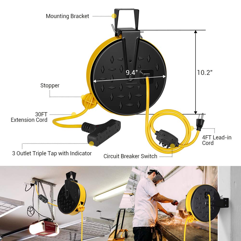 Dewenwils 30 Ft Retractable Extension Cord Reel, Ceiling/Wall Mount 16/3 Gauge Sjtw Power Cord With 3 Electrical Outlets Pigtail