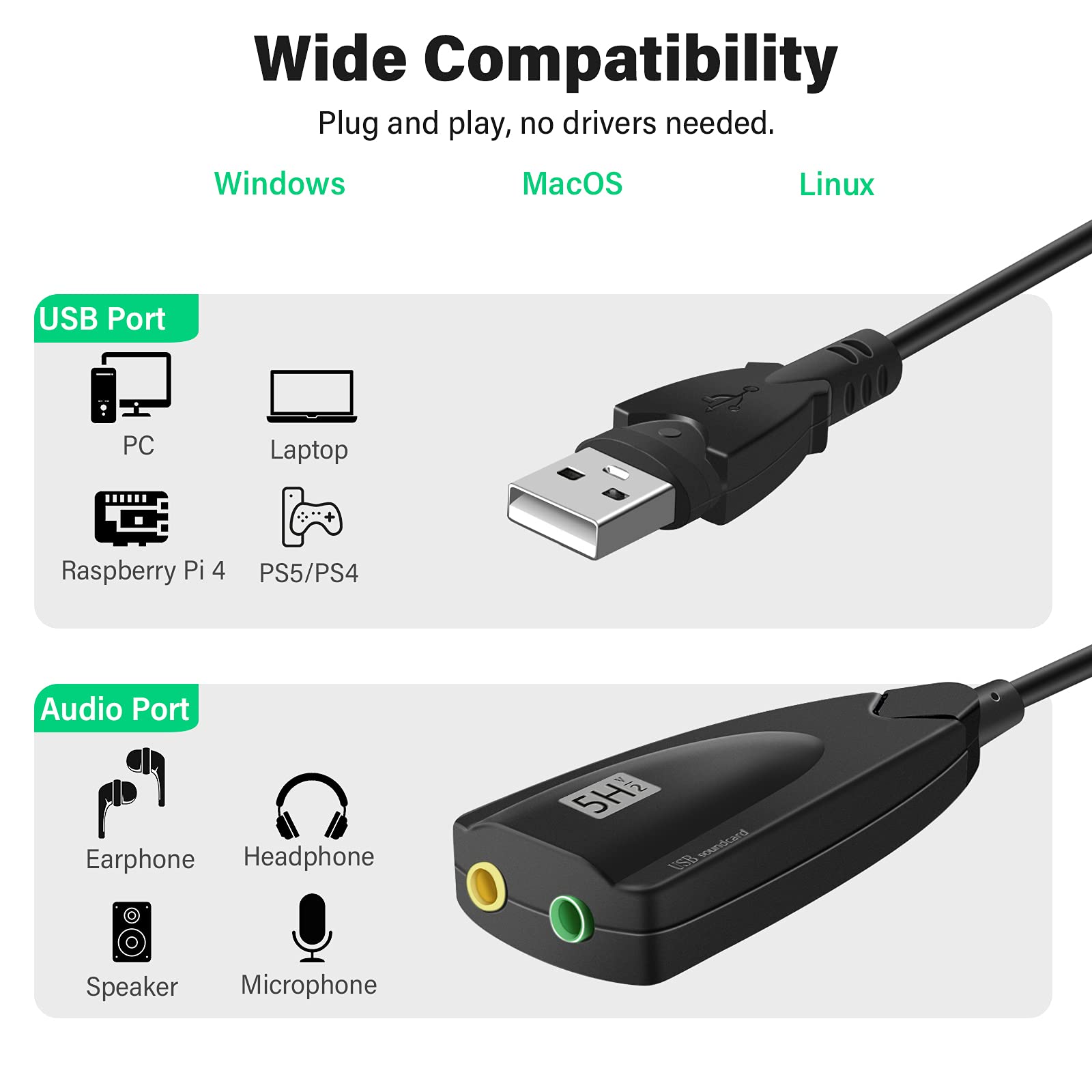 Saisn Usb Stereo Sound Card, Usb 7.1 External Audio Sound Adapter Card 5Hv2 Channel Converter To 3.5Mm Headphone Microphone Jack