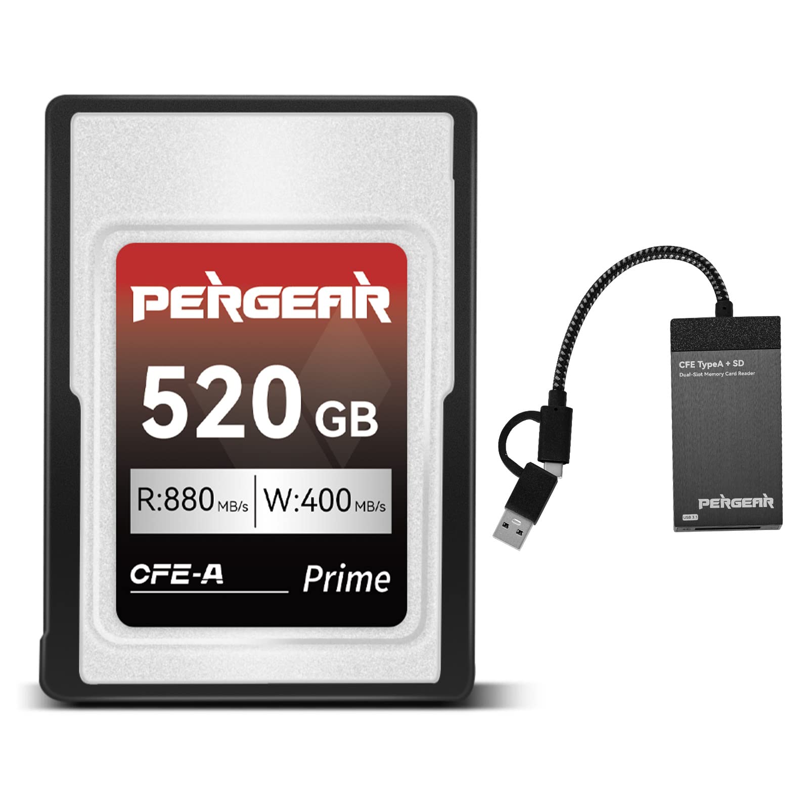 PERGEAR Professional 520GB CFexpress Type A Memory Card, with Card Reader, Up to 880MB/s Read Speed & 900MB/s Write Speed for 4K