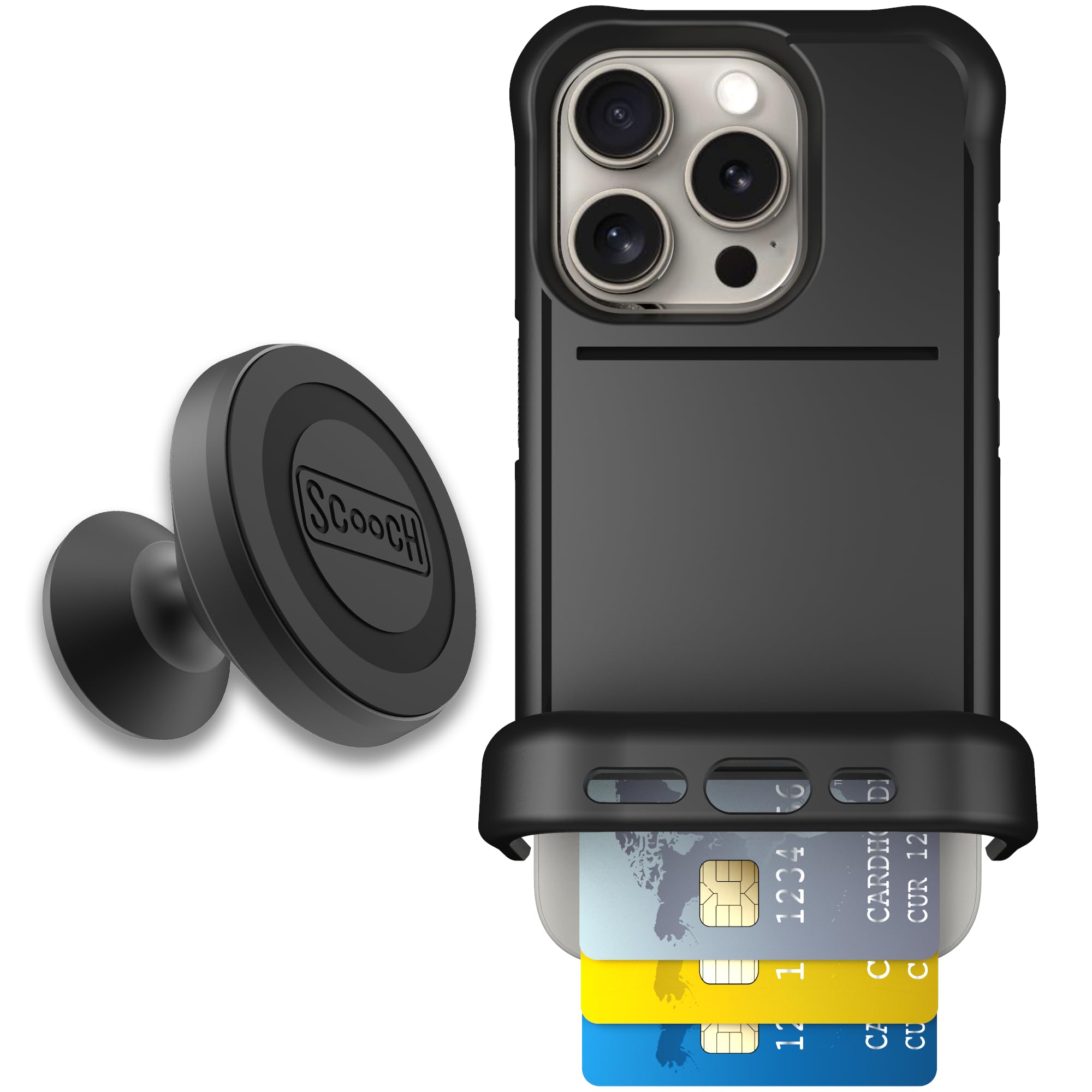 Scooch for iPhone 15 Pro Case with Card Holder, Wingmate Wallet Case Black, Bundled with Wingmount Magnetic Car Mount