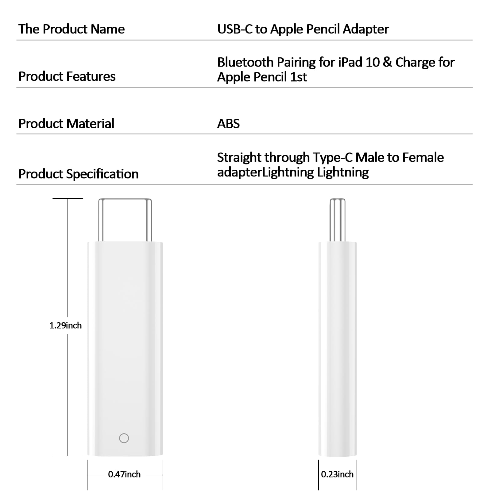 ACANDYA USB-C to Apple Pencil 1st Gen Charging Adapter for iPad 10th Gen White