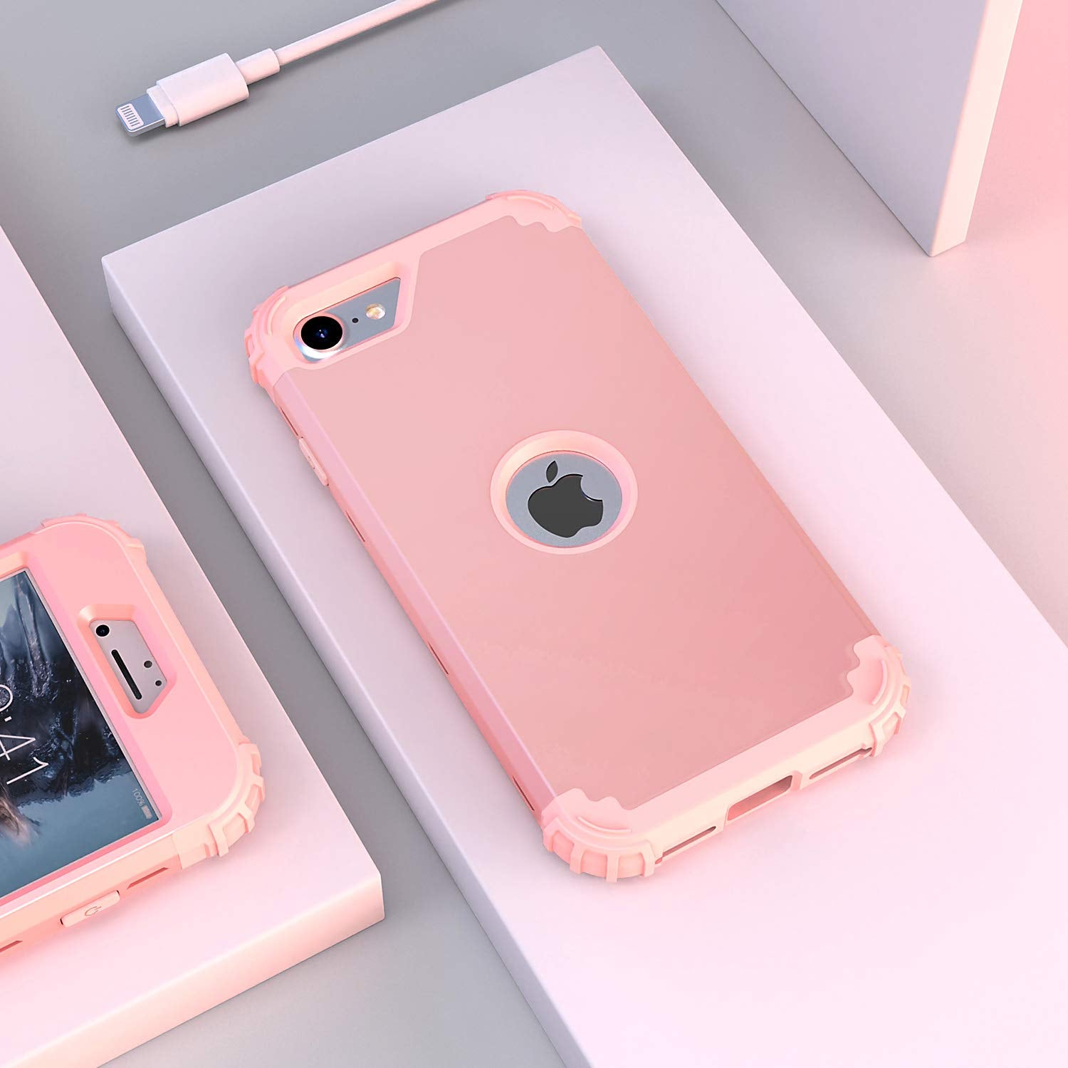 IDweel iPhone SE 2020 2022 Case 3-in-1 Shock Absorption Hard PC Soft Silicone Full Body Rose Gold with Tempered Glass