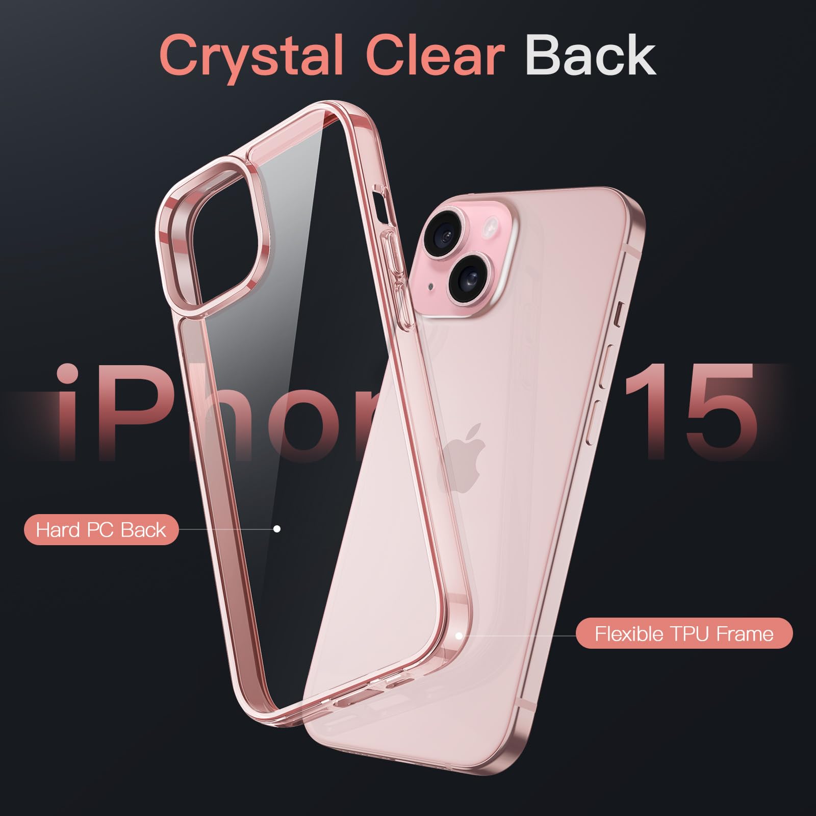 Jetech Case For Iphone 15 6.1 Inch, Non Yellowing Shockproof Phone Bumper Cover, Anti Scratch Clear Back (Pink)