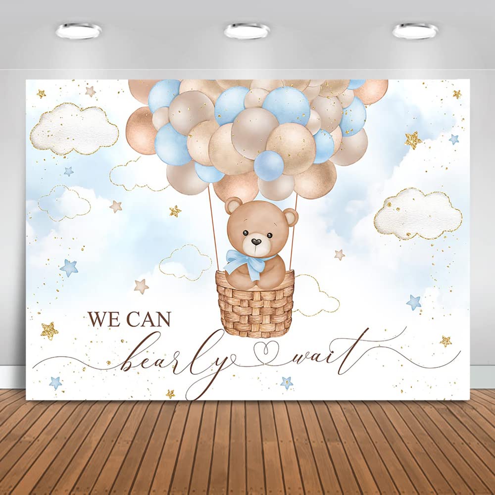 Mocsicka Blue Bear Hot Air Balloon Backdrop For Boy, Background We Can Bearly Wait Baby Shower Party Cake Table Decoration Photo