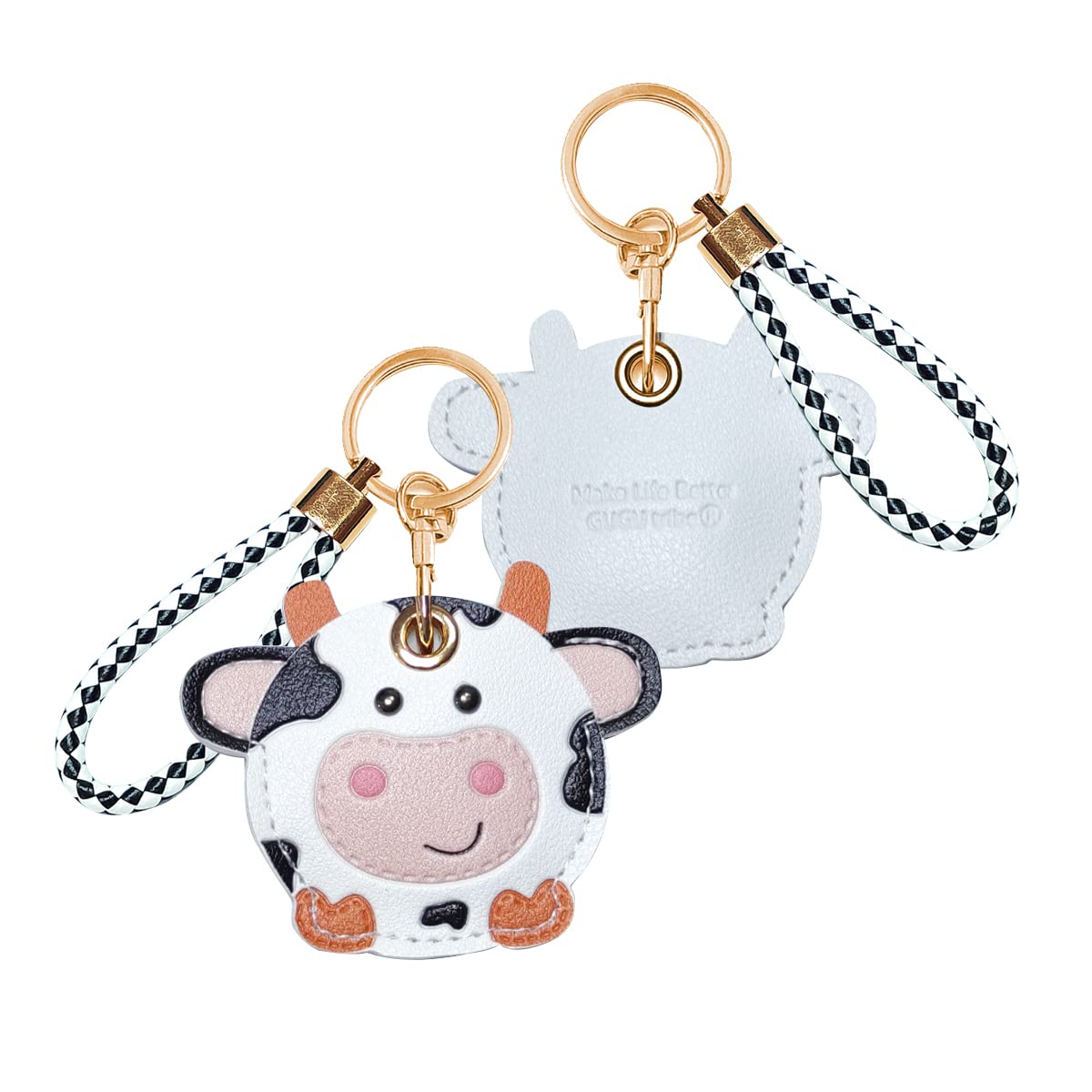 Catch On 2 Pack Leather Airtag Keychain Case Holder, Cute Kawaii Accessories Suitable For Airtag (White Cow)