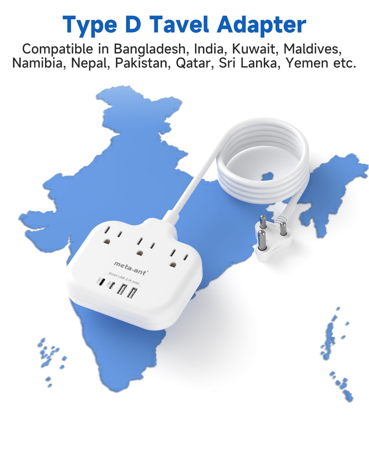Us To India Plug Adapter, Meta Ant India Power Adapter With 3 American Outlets 4 Usb Charger Ports(2 Usb C), 5Ft India Extension
