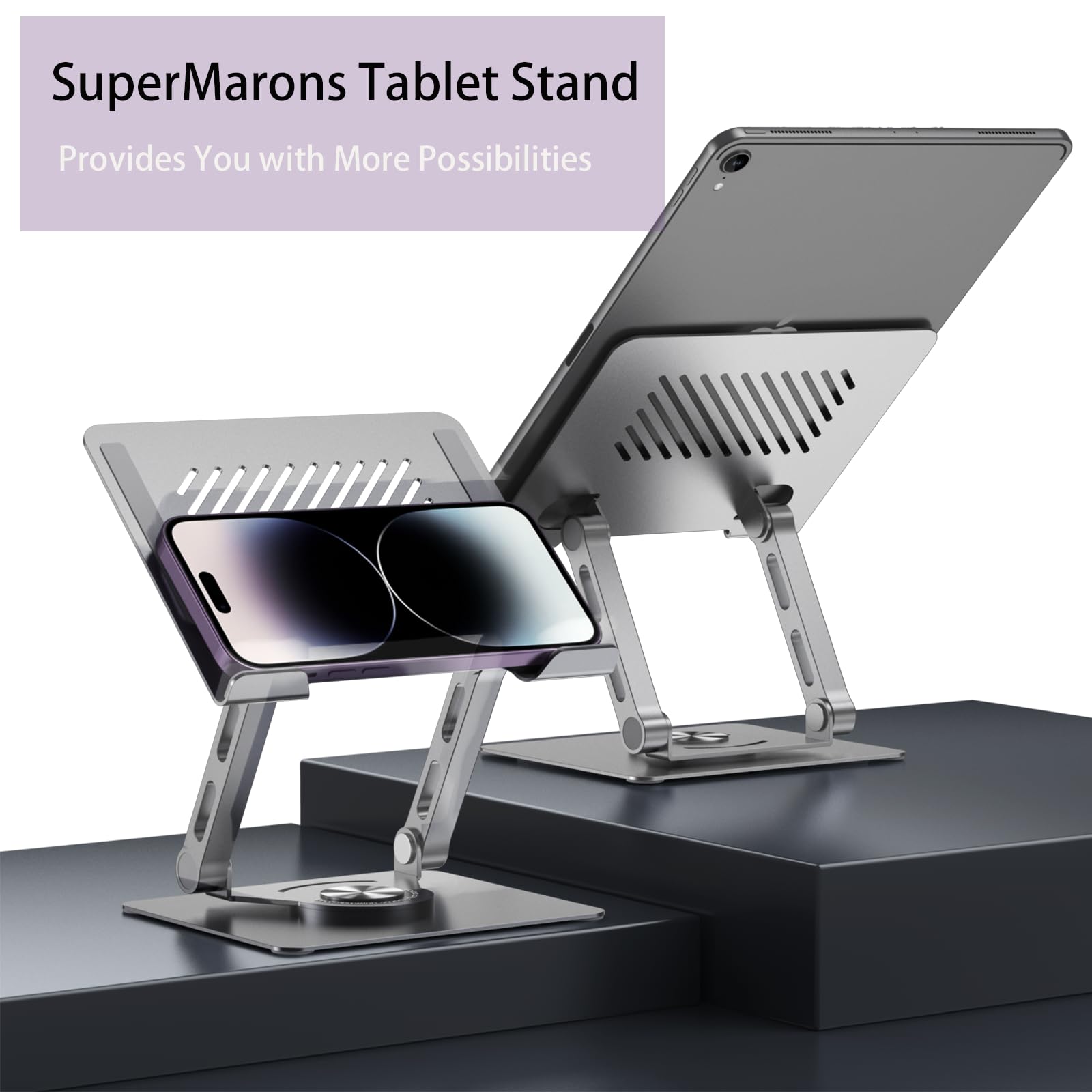Tablet Stand Holder For Desk With 360Rotating Base,Adjustable Mental Ipad Holder For Desktop,Multi Angle Solid Monitor Riser Com