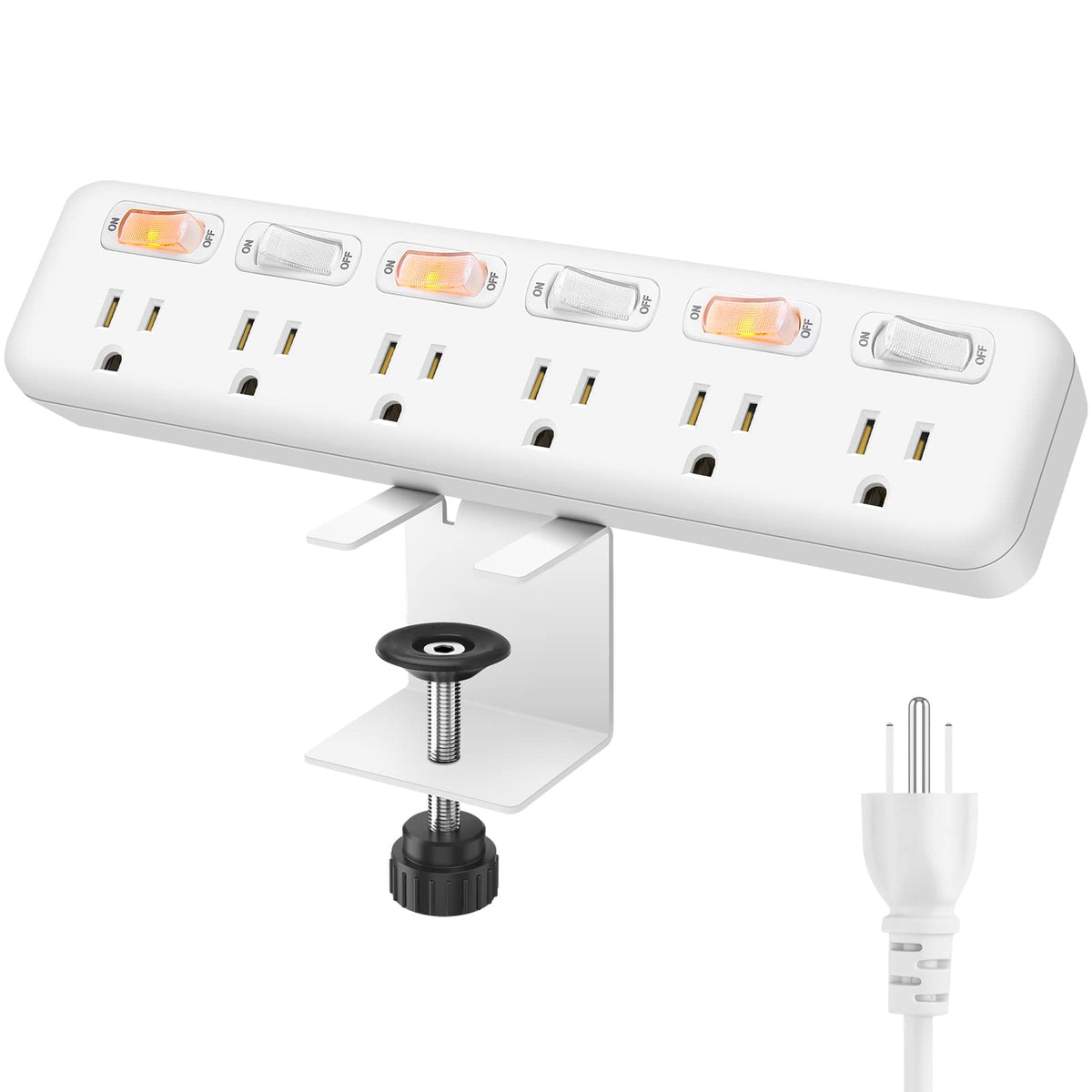Desk Clamp Power Strip Individual Switches, Junnuj 6 Outlet 800J Surge Protector Clamp Outlet Desktop Removable Table Desk Mount Clamp Socket, Tabletop Edge Power Station 6Ft Power Cord White